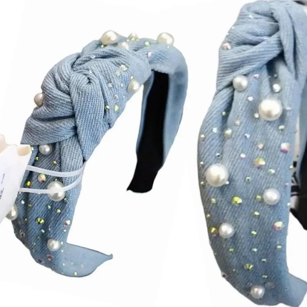 Embellished Pearl Denim Headbands Clip Hair Accessories Lot OF 3 NWT